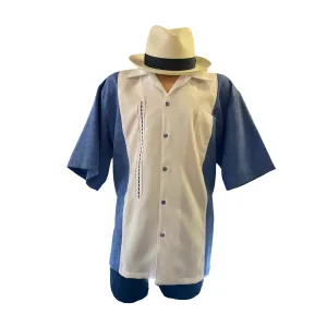 Blue w/ White Cuban Shirt Collar Guayabera